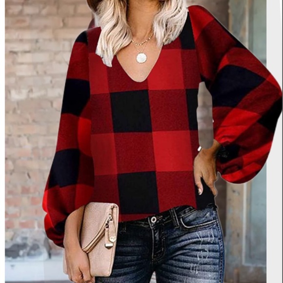 Chic Nation Tops - - PUFF SLEEVES PLAID TOP WOMENS